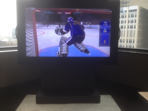Several interactive simulated experiences where you face off with the pros…I'm the goalie loosing in this image :)